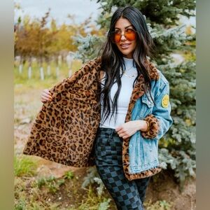 Dressed in LALA Blue and Jean Jacket with Plush Leopard Print Lining - Size S/M